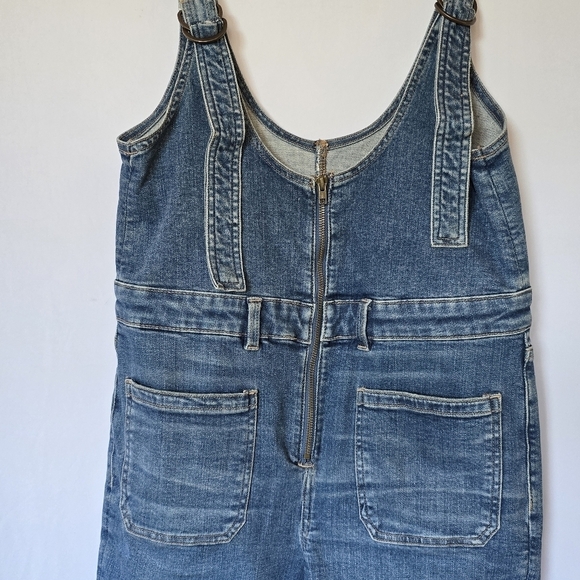 American Eagle Flare Overalls Adjustable Zipper Front Raw Hem Jeans, sz 14 Short - Picture 3 of 12